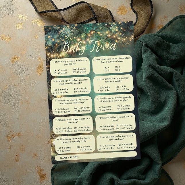 Flyer Jogo de Perguntas e Respostas para Chá de Bebê Enc (enchanted forest baby shower game trivia emerald green gold fairy lights lanterns magical woodland)