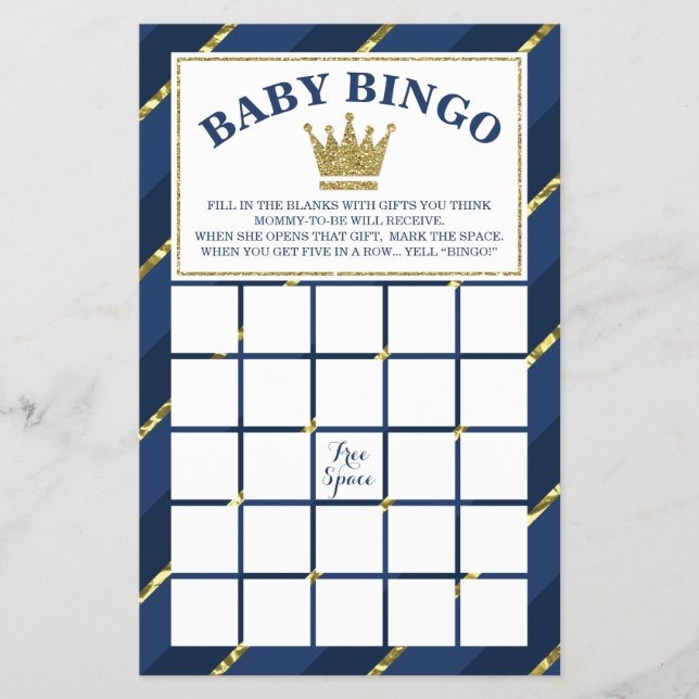 Flyer Jogo do Bingo chá de fraldas, Príncipe, Azul Marin (Frente)