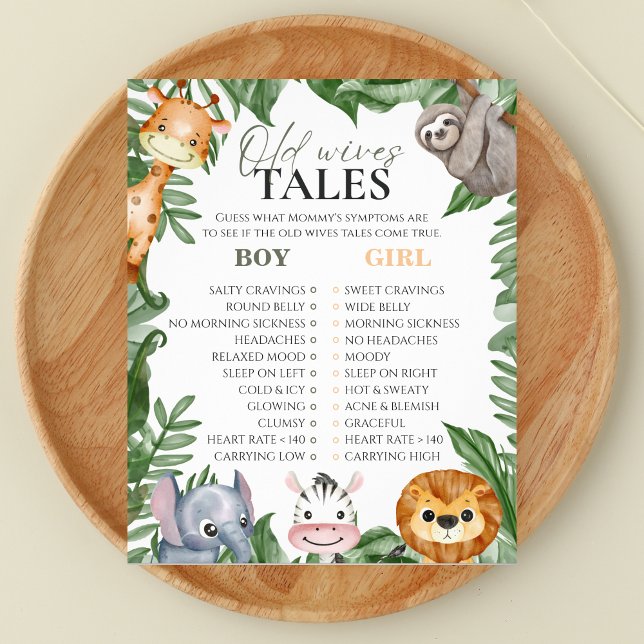Flyer Jogo do Chá de fraldas do Groovy Tales com Esposas (Safari-inspired 'Old Wives Tales' gender guessing baby shower game - A Little Wild One theme




)