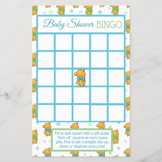 Flyer Jogos de chá de fraldas Blue and Green Teddy Bear  (Frente)