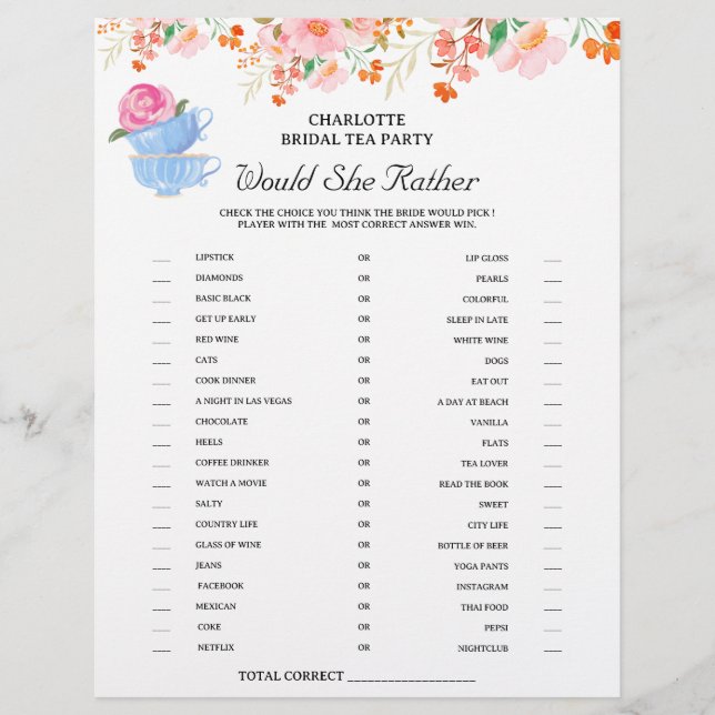 Flyer Jogos de Chá de Noiva em estilo Tea Party (Frente)
