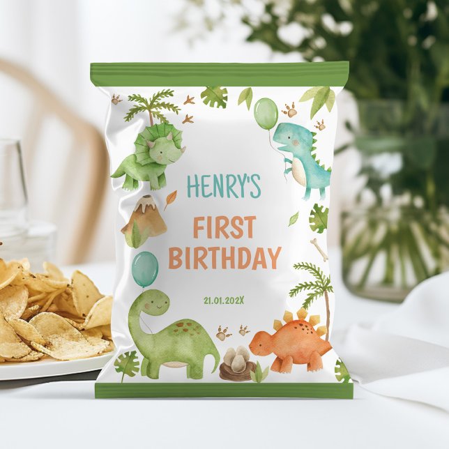 Flyer Jungle Cute Dinosaur 1st Birthday Chip Bag Wrapper (Criador carregado)