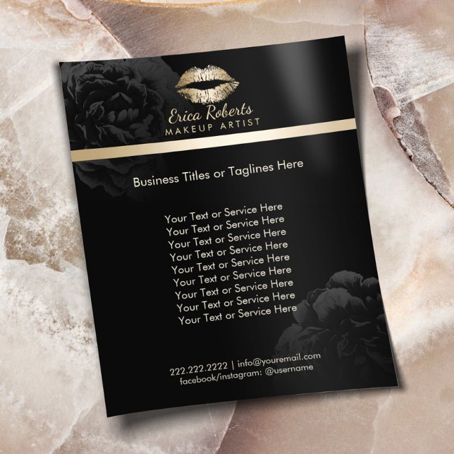 Flyer Lábios Dourados Floral Preto Salão de Beleza de Ma (Criador carregado)