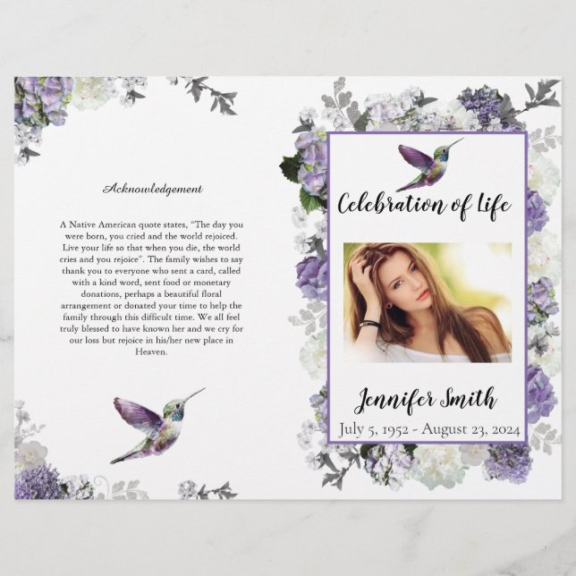 Flyer Lavanda Hydrangea Hummingbird FuneralFlyer (Frente)