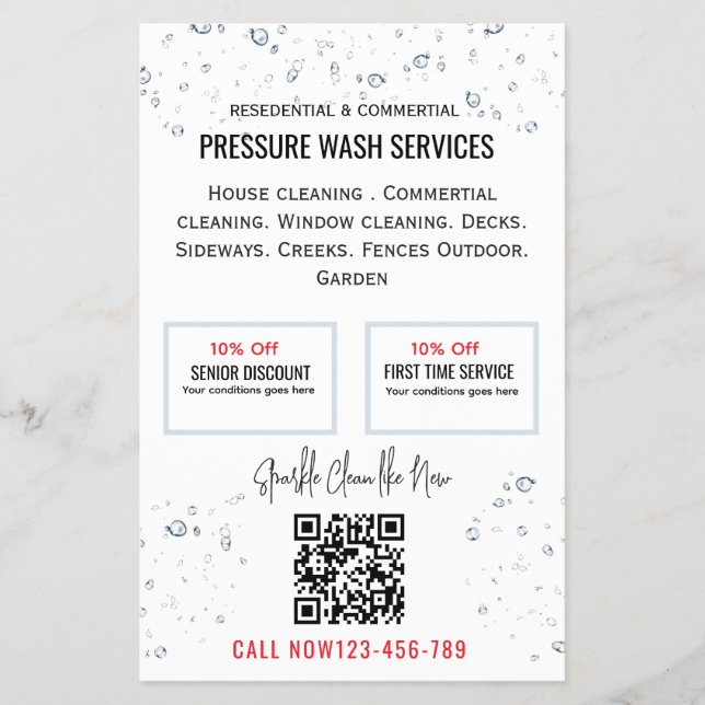 Flyer Lavar com pressão código Qr gotas de água simples  (Frente)