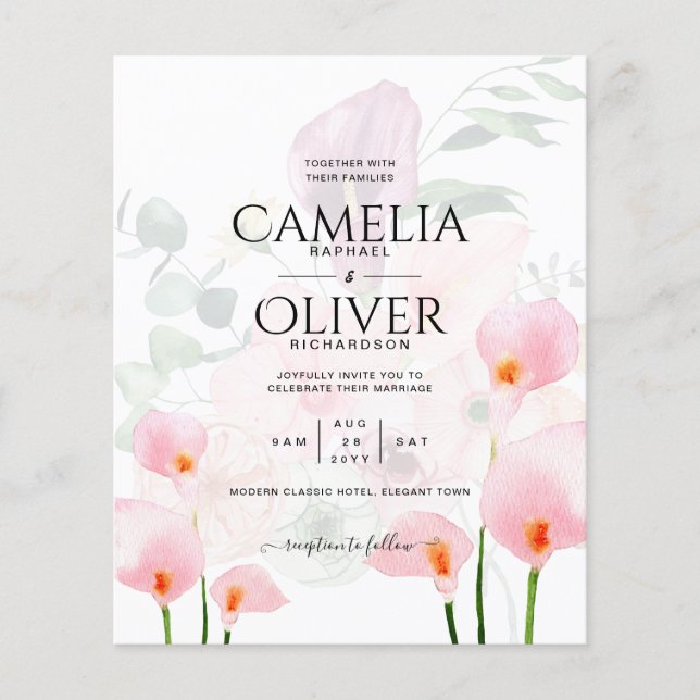 Flyer Leah G Blush Pink Calla Lily Convite de casamento  (Frente)