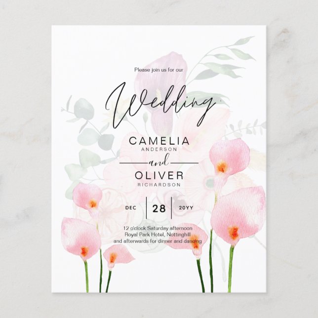 Flyer Leah G Blush Pink Calla Lily Convite de casamento  (Frente)