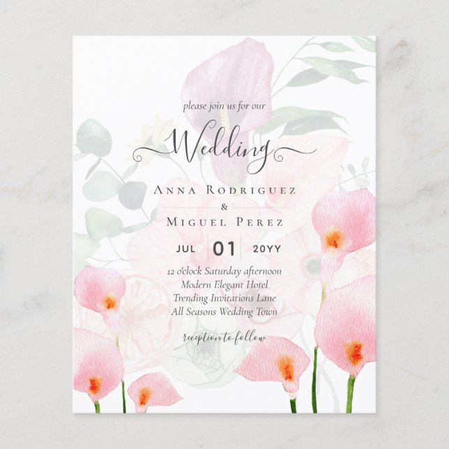 Flyer Leah G Blush Pink Calla Lily Convite de casamento  (Frente)
