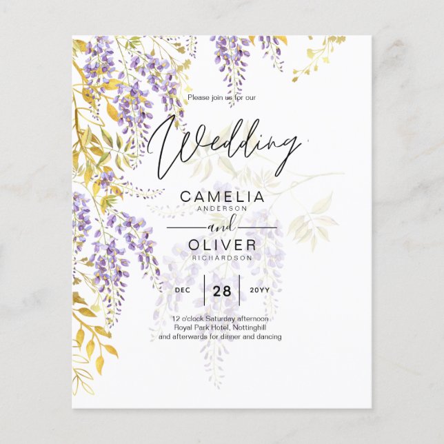 Flyer Leah G Dourado Roxo WISTERIA Convite de casamento  (Frente)