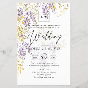Flyer Leah G Dourado Roxo WISTERIA Convite de casamento