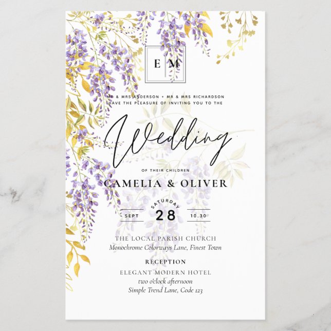 Flyer Leah G Dourado Roxo WISTERIA Convite de casamento  (Frente)