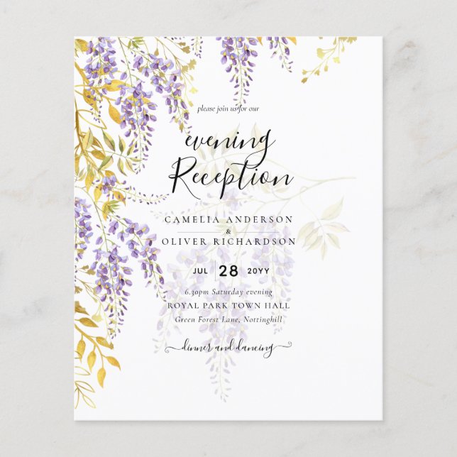 Flyer Leah G Dourado Roxo WISTERIA Convite de casamento  (Frente)
