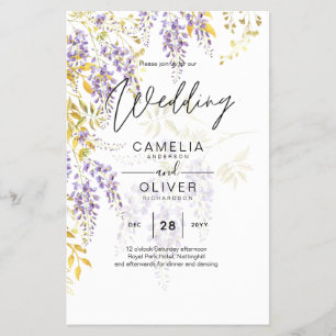 Flyer Leah G Dourado Roxo WISTERIA Convite de casamento