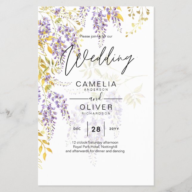 Flyer Leah G Dourado Roxo WISTERIA Convite de casamento  (Frente)