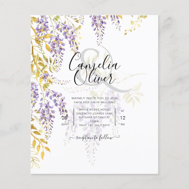 Flyer Leah G Dourado Roxo WISTERIA Convite de casamento  (Frente)