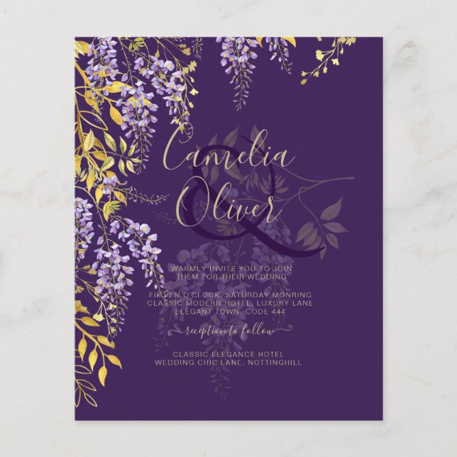 Flyer Leah G Dourado Roxo WISTERIA Convite de casamento  (Frente)