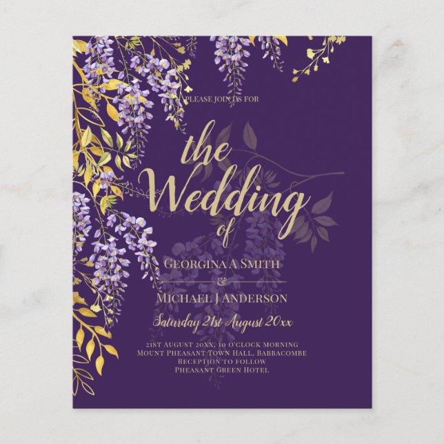 Flyer Leah G Dourado Roxo WISTERIA Convite de casamento  (Frente)