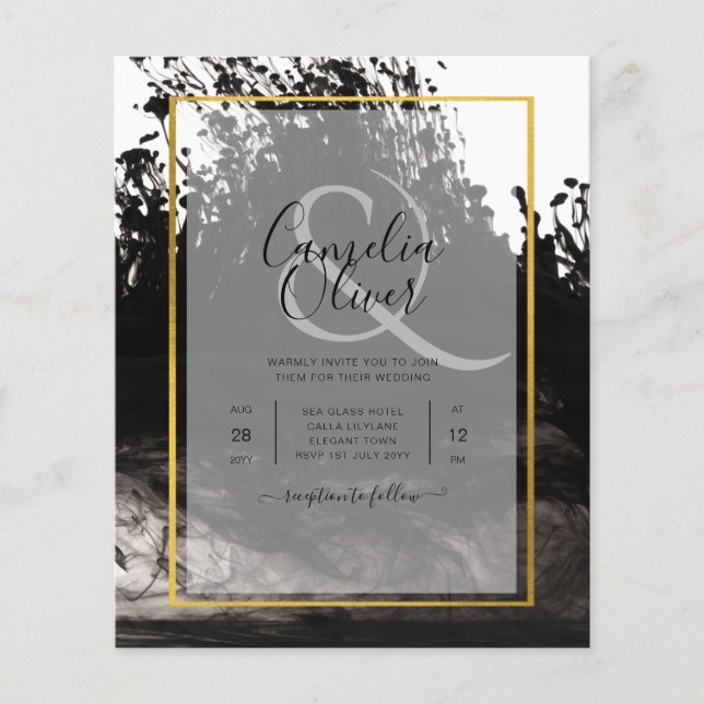 Flyer LeahG Black Gold INK Abstract Wedding Invite (Frente)