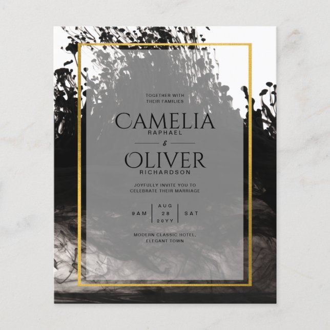 Flyer LeahG Black Gold INK Abstract Wedding Invite (Frente)
