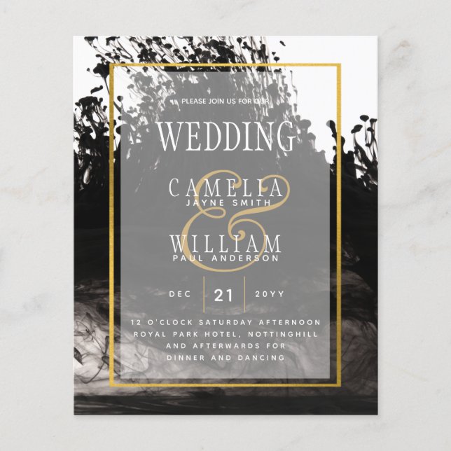 Flyer LeahG Black Gold INK Abstract Wedding Invite (Frente)