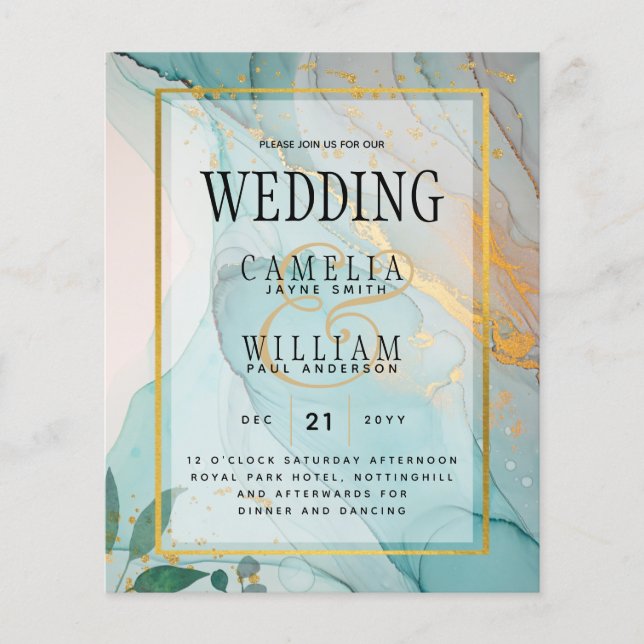 Flyer LeahG Convite de Casamento Vidro Mar Teal Dourado  (Frente)