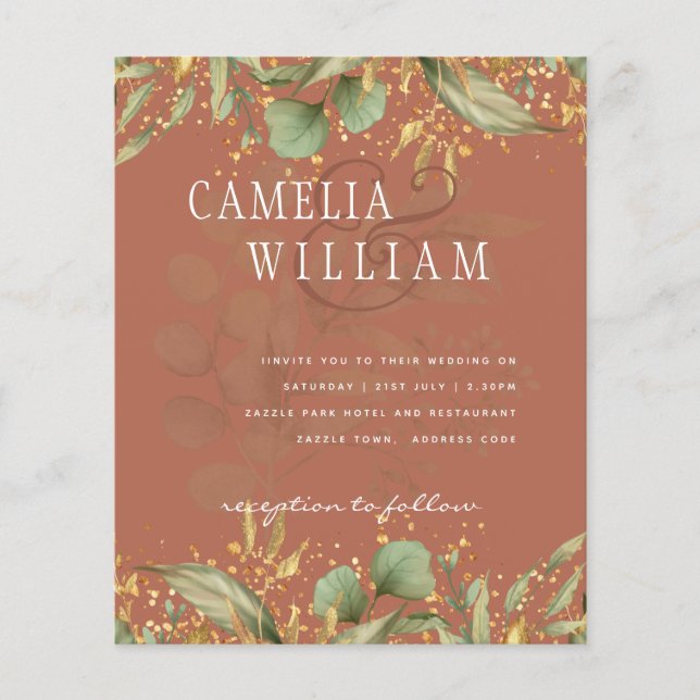 Flyer LeahG Greenery Dourado Convite de casamento MUITAS (Frente)