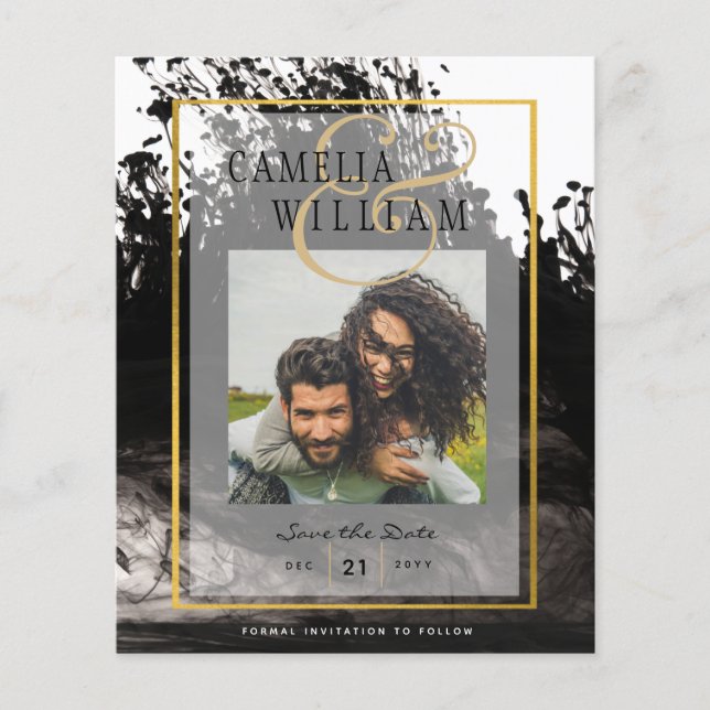 Flyer LeahG PHOTO Wedding Black Gold INK Save Date (Frente)