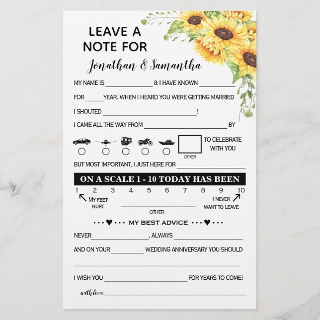 Flyer Leave a Note for Newlyweds Sunflowers Game Card (Frente)