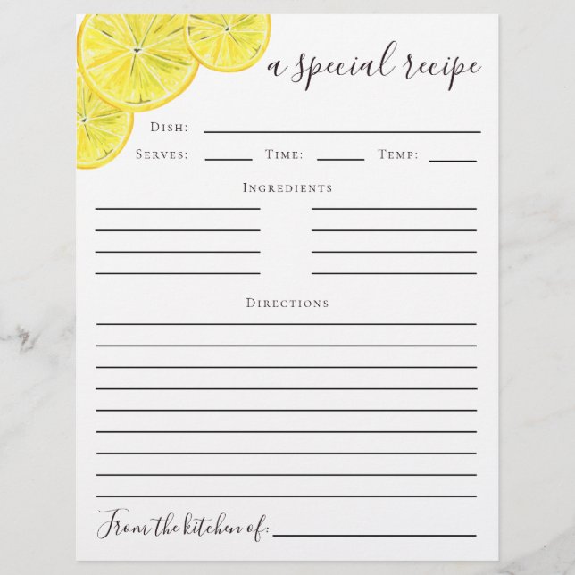 Flyer Lemon Bridal Shower Recipe Card (Frente)
