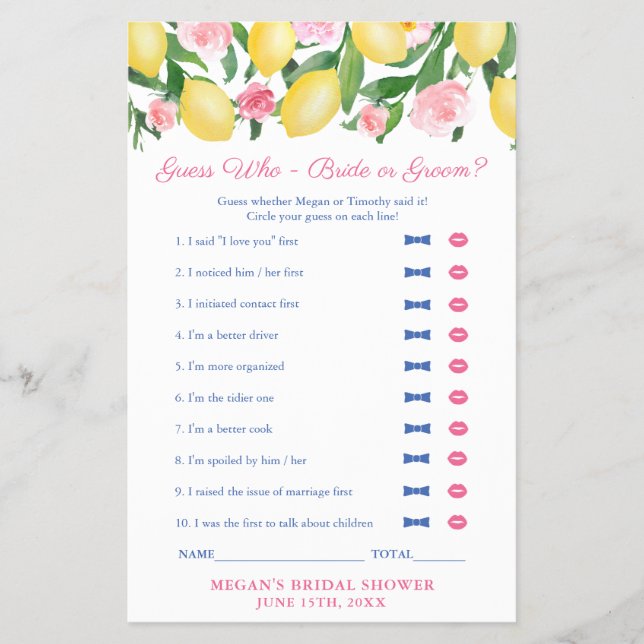 Flyer Lemon rosa adivinha quem noiva ou jogo de Chá (Frente)