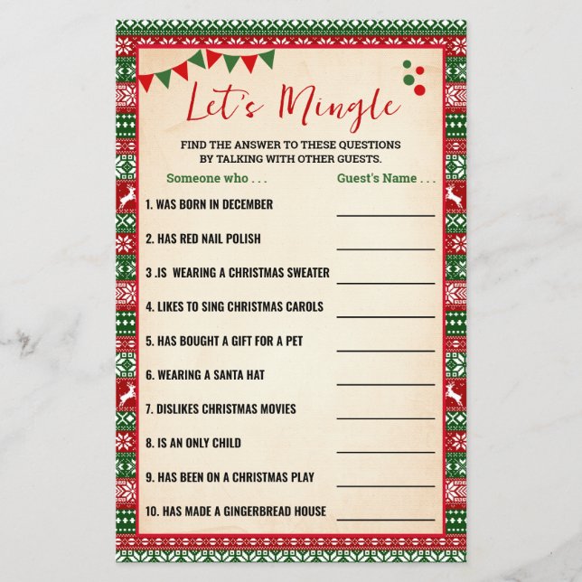 Flyer Let's Mingle Find Guest Ugly Sweater Game Card (Frente)