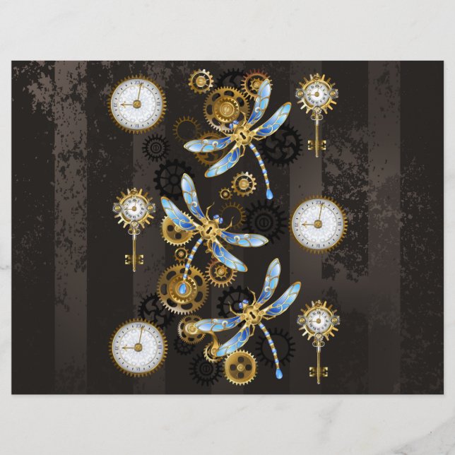 Flyer Libélulas Steampunk em fundo listrado marrom (Frente)