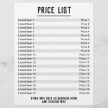 Lista de Preços. Até 20 itens e preços. Solteiro