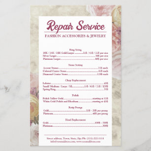 Flyer Lista de Preços de Reparação de Joias Flor de Peôn