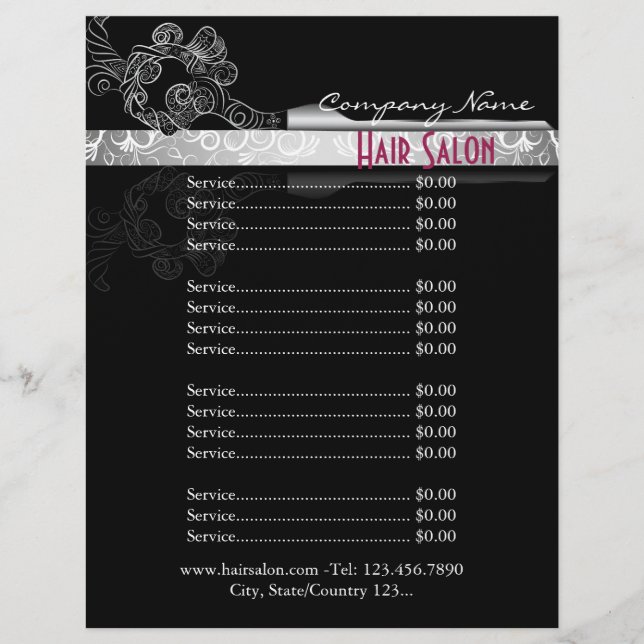 Flyer lista de preços do salão de cabelo rico (Frente)