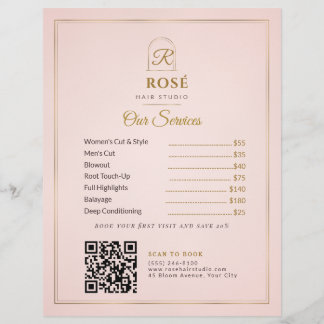 Flyer Lista de Preços do Salão de Cabelo Rosa Bege e Dou