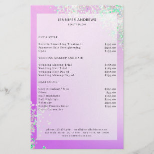 Flyer Lista de Preços do Salão de Glitter Roxo Moderno