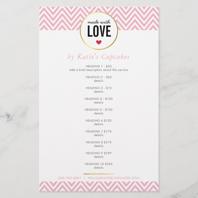 Flyer LISTA DE PREÇOS feita com amor, coroa cor-de-rosa  (Frente)