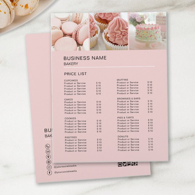 Flyer Lista de Preços Personalizada QR Rosa Padaria (Create your own Bakery Cake Shop Confectionery Price List Flyer by MINTIC DESIGN STUDIO)