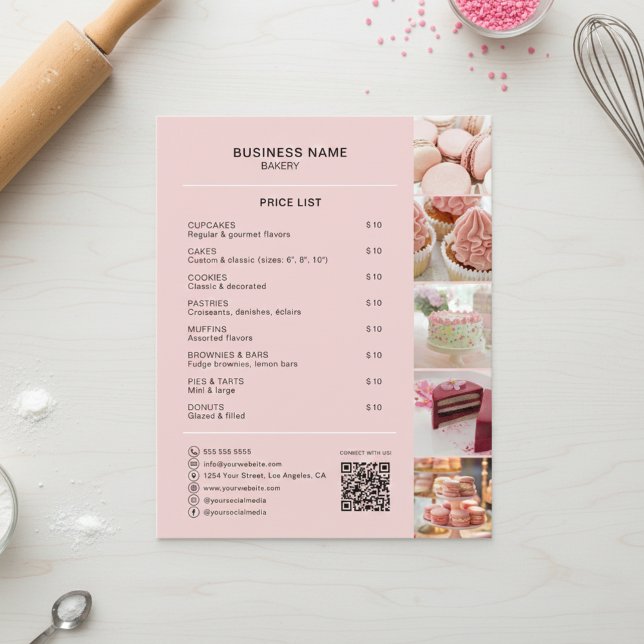 Flyer Lista de Preços Personalizados de Padaria Foto Míd (Bakery Custom Price List Photo Social Media QR Flyer)