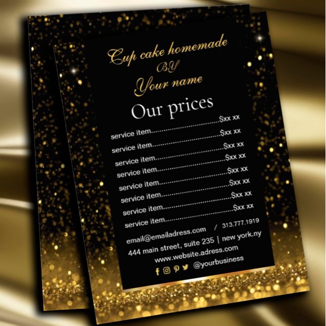 Flyer Lista de Preços Preto & Dourado Serviço Sparkly  (#zazzlemade #glittergol #pricelist #goldflyer #hairstyle #nailstyle #makeupartist)