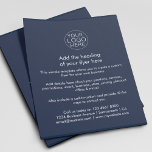 Flyer Logotipo comercial | Marinho simples, azul persona<br><div class="desc">Um simples modelo de folheto de negócios de texto branco e azul personalizado em um estilo minimalista simples, que pode ser facilmente modificado e atualizado com o logotipo de sua própria empresa, detalhes do produto, preços e muito mais! Escolha o tamanho do folheto e o tipo de papel no menu...</div>