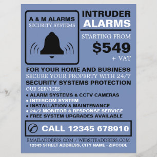 Flyer Logotipo de alarme preto e azul, serviço de alarm