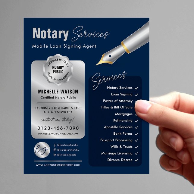 Flyer Logotipo de Carimbo do Agente de Assinatura de Emp (Modern navy blue and silver notary public marketing flyer with your custom photo and logo)