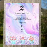 Flyer Logotipo de cupcakes holográficos cor-de-rosa para<br><div class="desc">Personalize e adicione o logotipo,  o nome,  o endereço e o texto da sua empresa. Pastos azuis,  cor-de-rosa,  roxos,  cor-de-rosa,  plano de fundo holográfico decorado com confete e cupcakes.</div>
