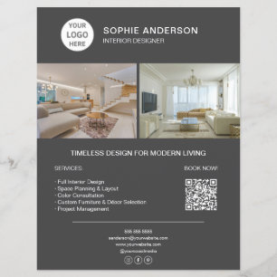 Flyer Logotipo de Designer de Interiores Foto QR Cinza N