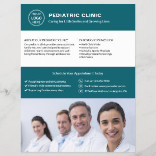 Flyer Logotipo de Foto QR Azul Turquesa para Clínica Ped