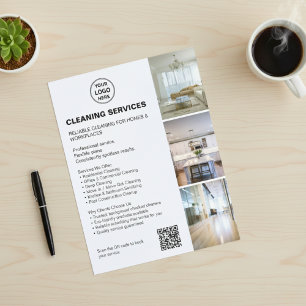 Flyer Logotipo de Foto QR de Serviços de Limpeza Branca