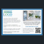 Flyer Logotipo e Qr de Cinza de borda azul<br><div class="desc">Folheto informativo para a sua pequena empresa com muito lugar para o seu texto personalizado de um lado, juntamente com o seu logotipo, código QR e uma fotografia. Do outro lado, uma foto maior, um endereço de site e um slogan ou texto mais curto. Uma borda azul que enquadra o...</div>