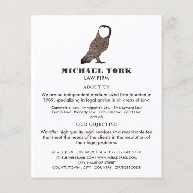 Flyer Logotipo Owl, Anúncio de serviços jurídicos (Frente)